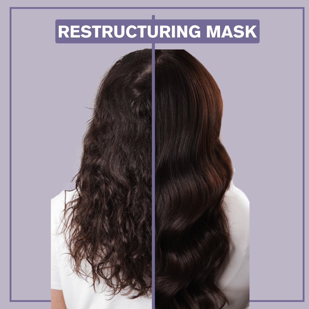 Before &amp; After pictures showing hair of a person before and after she has used the Alcôve Hair Restructuring Mask 55ml
