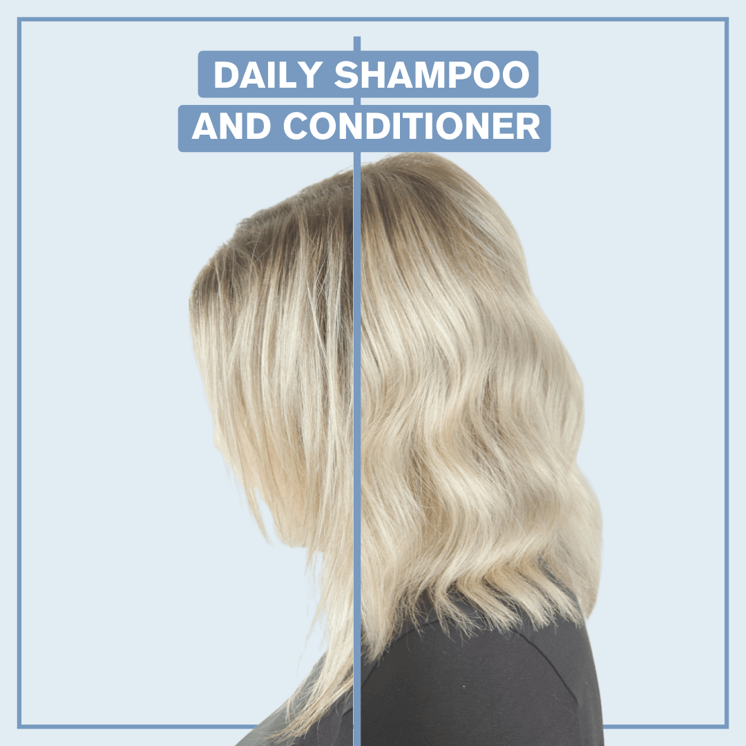 Side by side picture of before and after pictures of someone who used the Daily Shampoo - Alcôve Hair