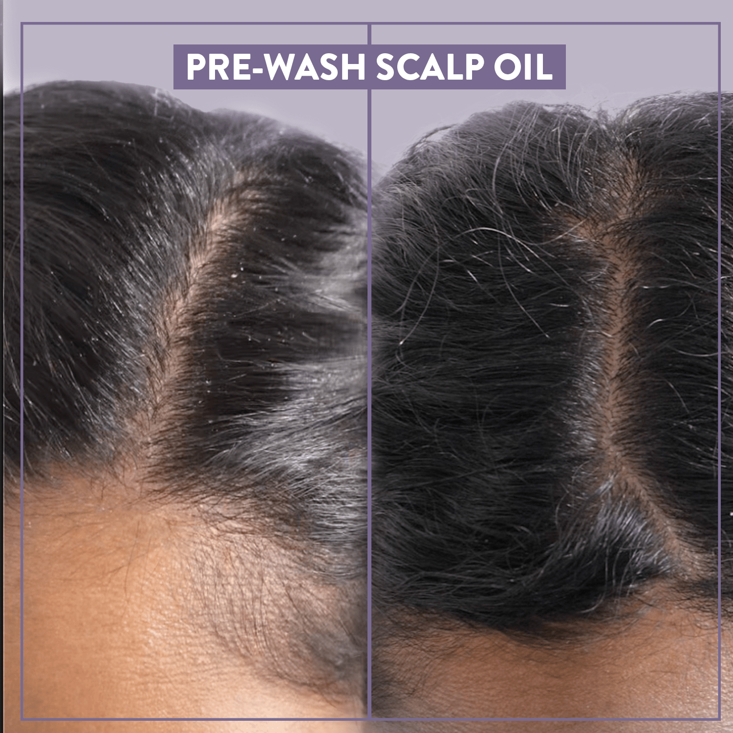 Before and after picture of hair after using the Alcove Hair Pre-Wash Scalp Oil