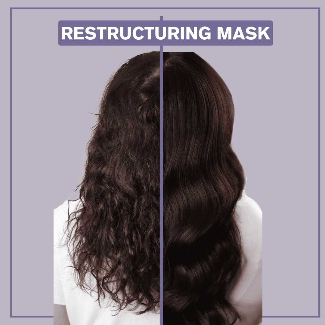 Side by side image showing before and after pictures of hair when using the Restructuring Mask - Alcôve Hair