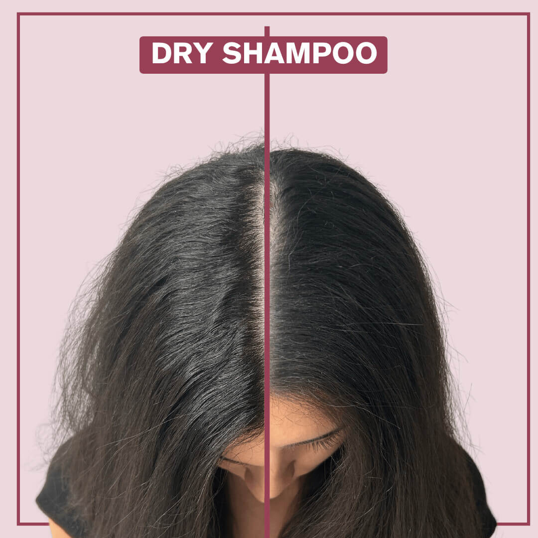 Side by side before and after picture showing hair of someone who used the Alcove Hair Dry Shampoo - 170g - 6oz
