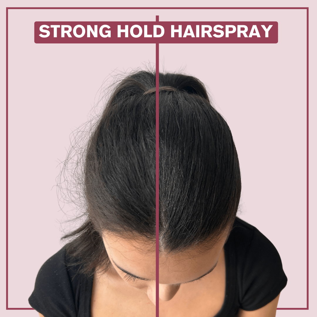 Side by side image of before and after picture using the Alcove Hair Strong Hold Hairspray