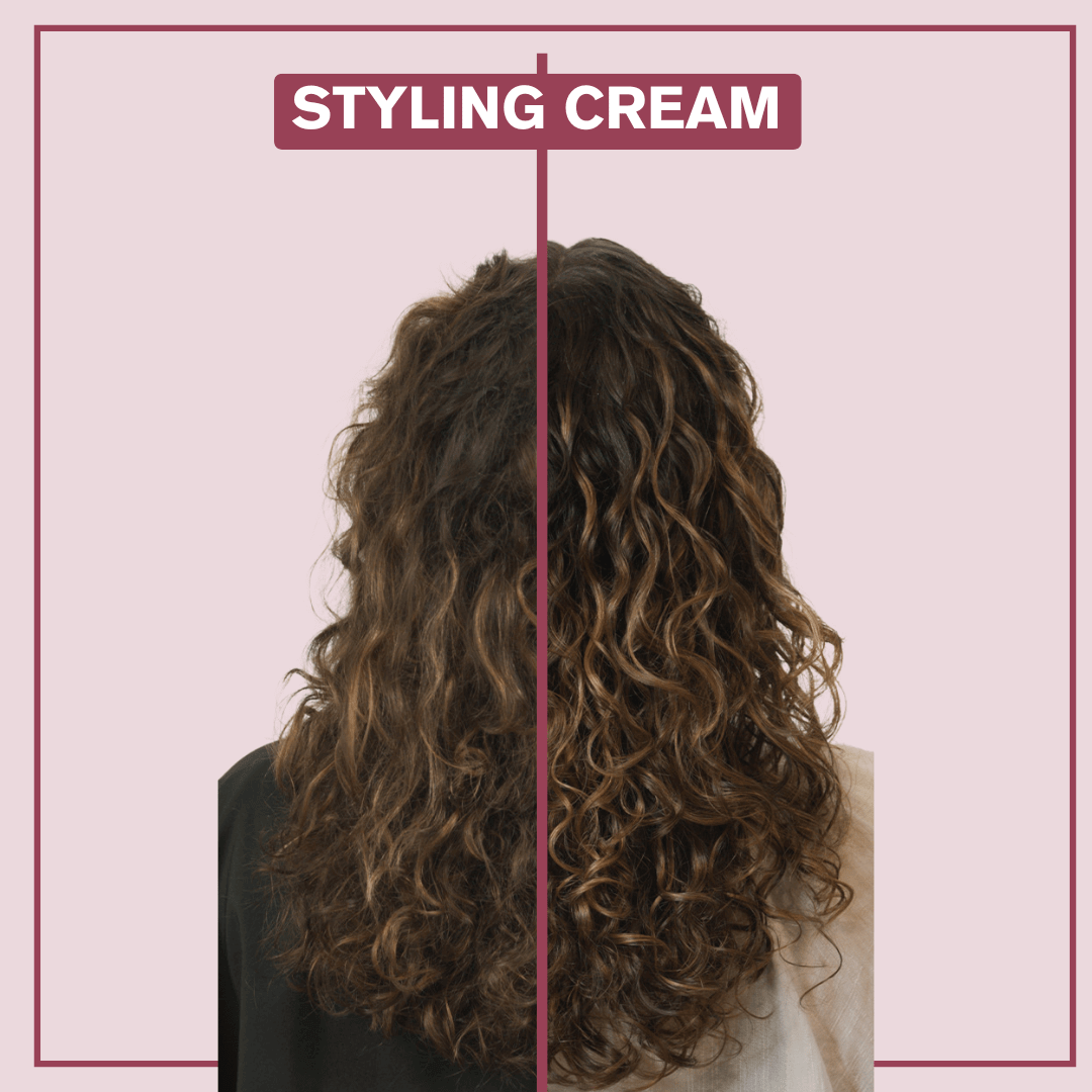 Side by side before and after picture of a model who used Alcove Hair Styling Cream 250 ml